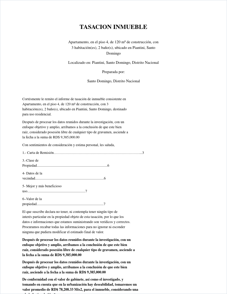 Muestra del informe de tasación